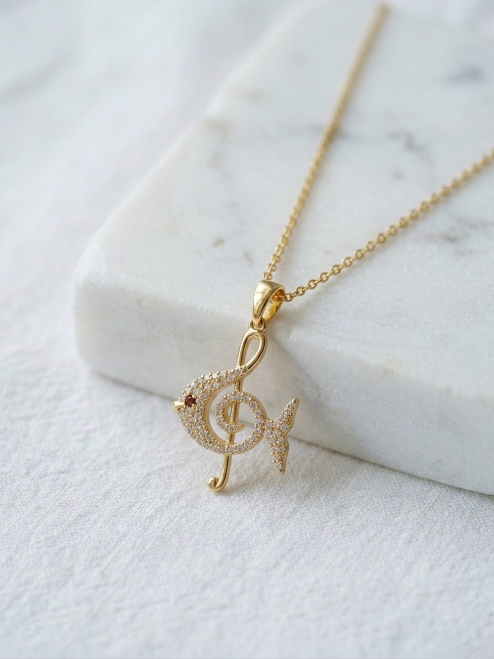 14K Gold Plated CZ Treble Clef Fish Pendant Necklace | Dainty Music Note Jewelry